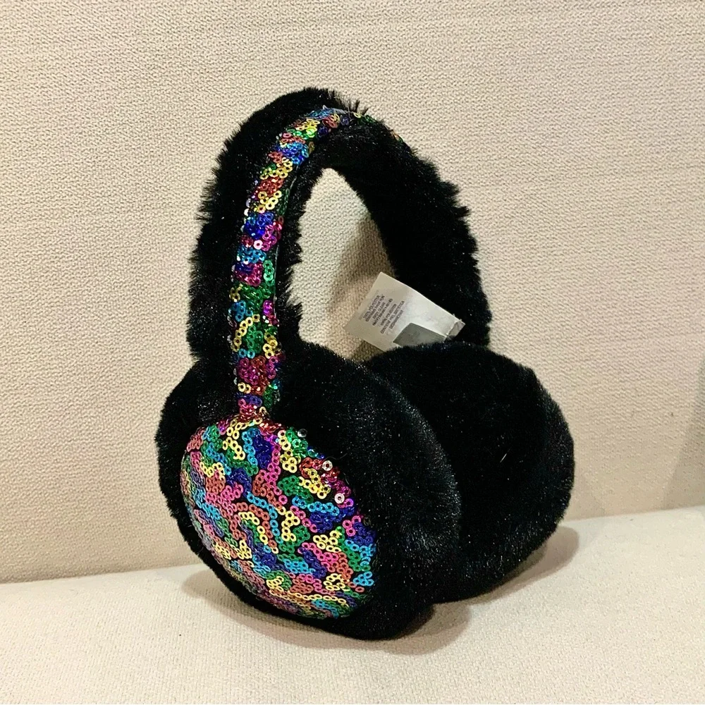 Girl’s Black Faux Fur Ear Muffs with Rainbow Sequins O/S More than Magic EUC OBO